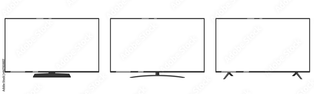 A set of vector Mock-up of TVs with a white screen and different stands, isolated on a white background. A set of vector Mock-up of TVs with a white screen and different stands, isolated on a white background.