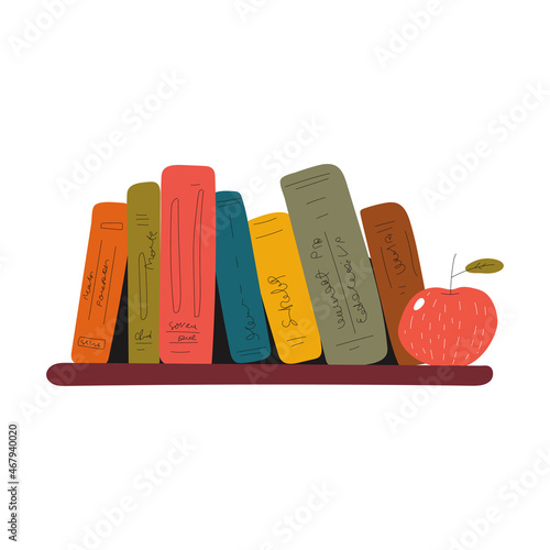 School books on shelf vector cartoon illustration isolated on a white background.