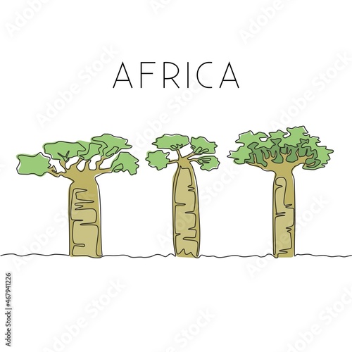 One continuous line drawing of big baobab tree. Decorative adansonia digitata plant for home wall decor art poster print. Travel vacation concept. Trendy single line draw design vector illustration