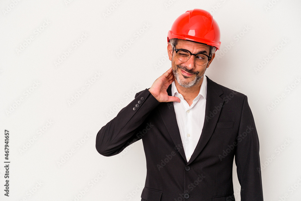 Middle age architect caucasian man isolated on white background touching back of head, thinking and making a choice. Middle age architect caucasian man isolated on white background touching back of head, thinking and making a choice.