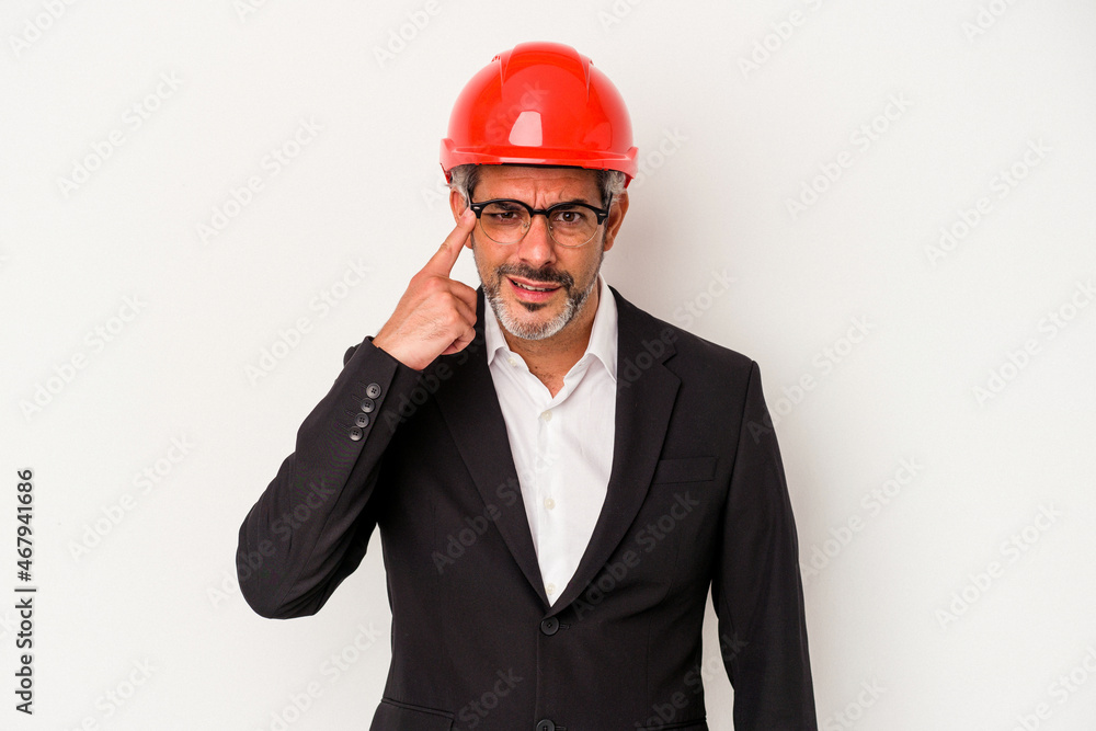 Middle age architect caucasian man isolated on white background showing a disappointment gesture with forefinger. Middle age architect caucasian man isolated on white background showing a disappointment gesture with forefinger.