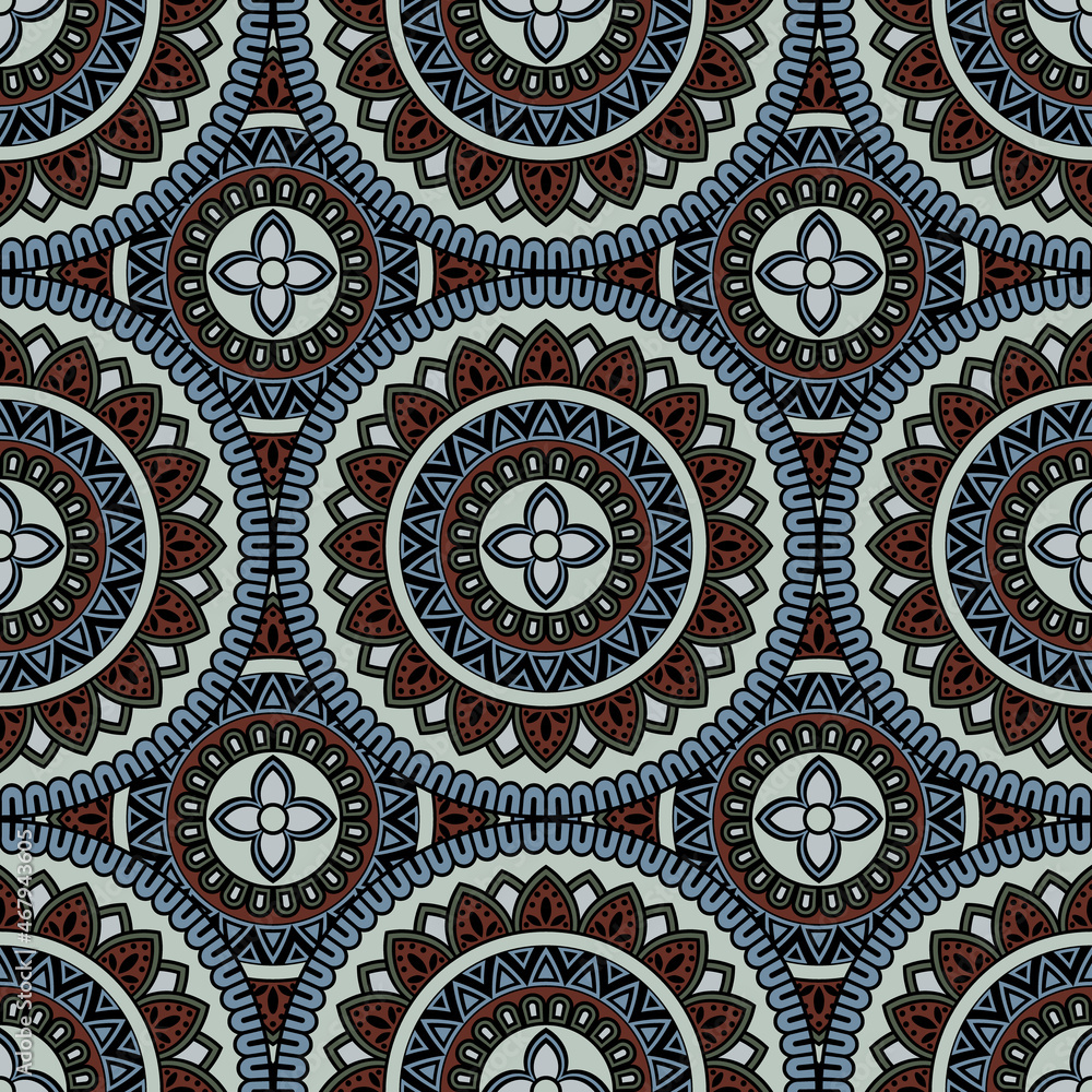 Abstract seamless mandala background. Texture in blue and brown colors. Oriental pattern for design, fashion print, scrapbooking