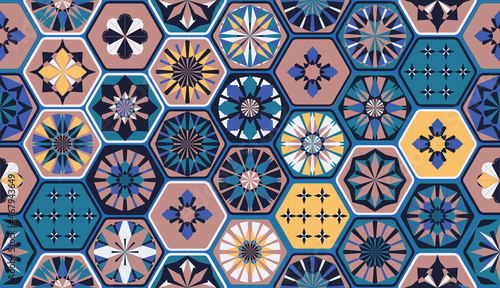 Seamless geometric pattern in retro style. Hexagonal tile pattern.