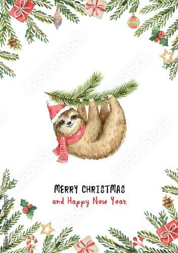 Watercolor vector Christmas card with koala and fir branches.