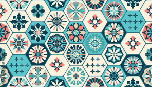Seamless geometric pattern in retro style. Hexagonal tile pattern.