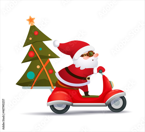 Santa Claus is carrying a Christmas tree on a red scooter. Vector illustration ,cartoon style isolated on white background