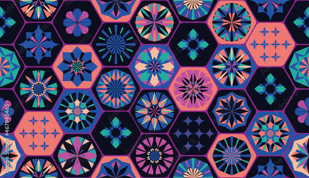 Seamless geometric pattern in retro style. Hexagonal tile pattern. Seamless geometric pattern in retro style. Hexagonal tile pattern.