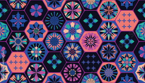 Seamless geometric pattern in retro style. Hexagonal tile pattern.