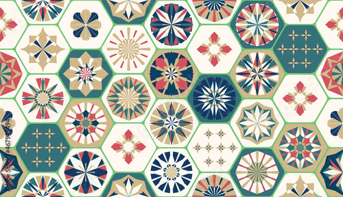 Seamless geometric pattern in retro style. Hexagonal tile pattern.