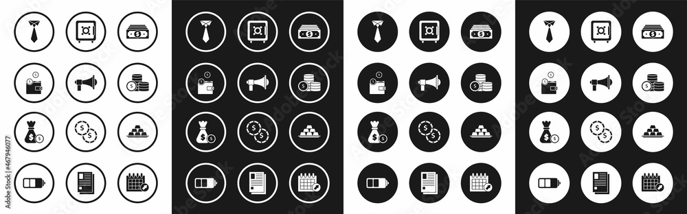 Set Stacks paper money cash, Megaphone, Wallet with coins, Tie, Coin dollar symbol, Safe, Gold bars and Money bag and icon. Vector Set Stacks paper money cash, Megaphone, Wallet with coins, Tie, Coin dollar symbol, Safe, Gold bars and Money bag and icon. Vector