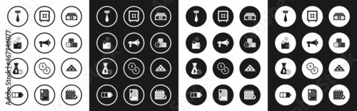 Set Stacks paper money cash, Megaphone, Wallet with coins, Tie, Coin dollar symbol, Safe, Gold bars and Money bag and icon. Vector