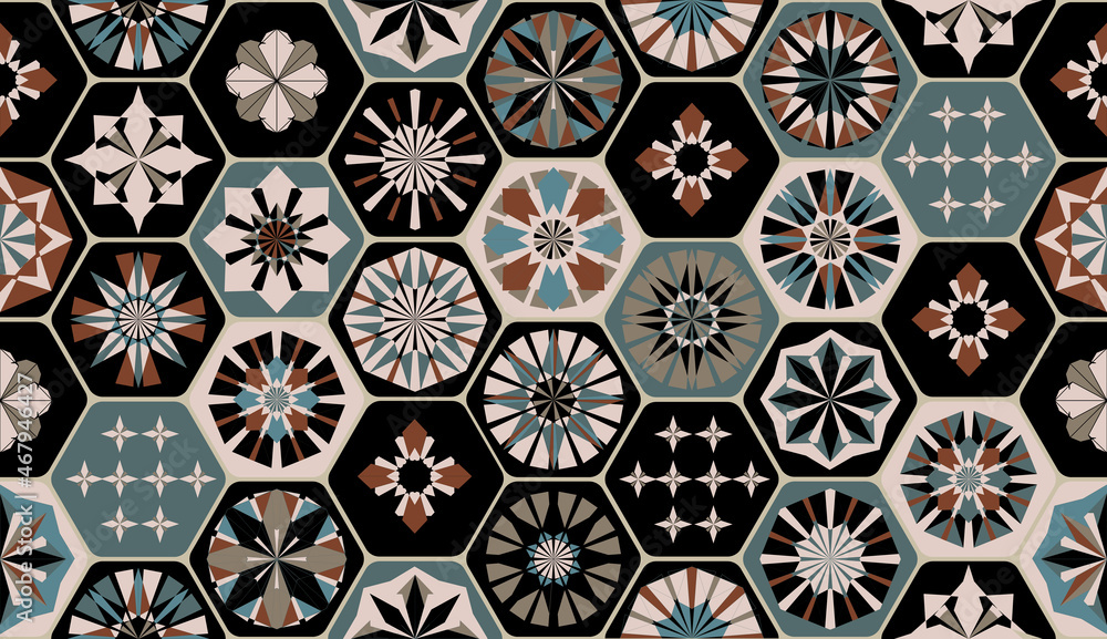 Seamless geometric pattern in retro style. Hexagonal tile pattern.