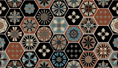 Seamless geometric pattern in retro style. Hexagonal tile pattern.