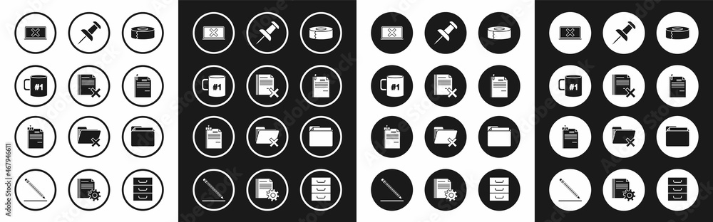 Set Scotch, Delete file document, Coffee cup flat, Laptop and cross mark on screen, File paper clip, Push pin, Document folder and binder icon. Vector Set Scotch, Delete file document, Coffee cup flat, Laptop and cross mark on screen, File paper clip, Push pin, Document folder and binder icon. Vector