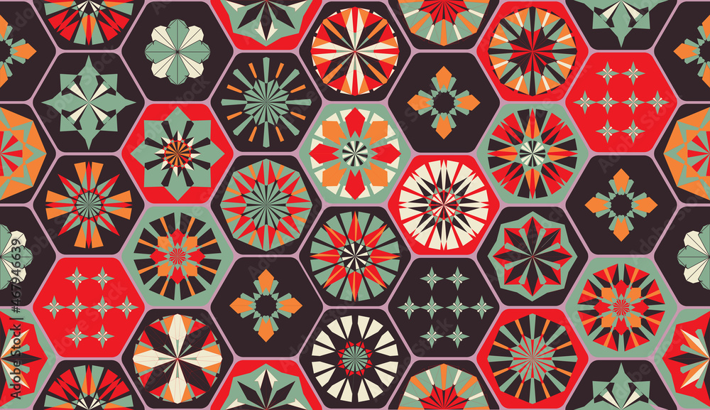 Seamless geometric pattern in retro style. Hexagonal tile pattern.