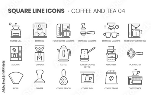 Coffee and tea 04 related, pixel perfect, editable stroke, up scalable square line vector icon set.