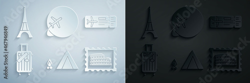Set Tourist tent with wood fire, Airline ticket, Suitcase for travel and stickers, Postal stamp Coliseum, Globe flying plane and Eiffel tower icon. Vector