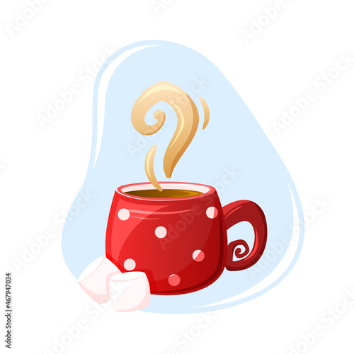 Cup of cocoa or coffee with marshmallows on abstract blue background. Cartoon red mug of hot winter drink. Flat vector illustration