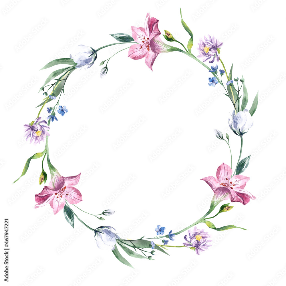 Spring wreath. Round border with flowers for your text. Watercolor flowers, lilies on a white background