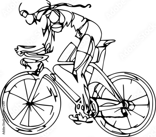 Hand drawing young sporty woman bicycle racer pedalling her bike so fast. Road cyclist concept. Dynamic single line draw design vector illustration graphic for cycling competition poster.