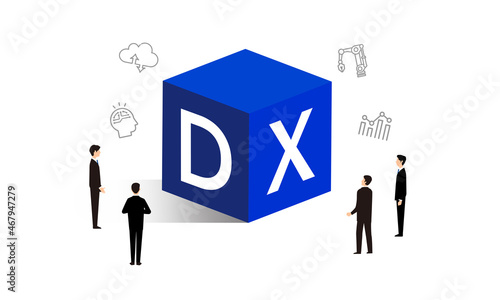 DXとアイコン、ビジネスパーソンのイラストイメージ、ベクターイラストレーション