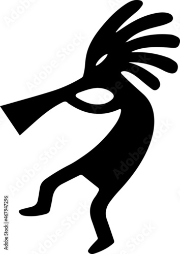 Kokopelli fertility deity vector illustration tattoo tribal. Native Americans ethnic black tattoo aztec symbol. Black Kokopelli with flute isolated on white. African spirit of music. photo