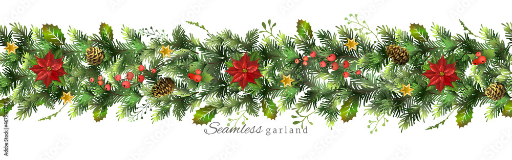 Fototapeta premium Seamless Christmas fir garland, fir cones, with poinsettia flower and red berries.