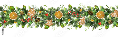 Seamless Christmas fir garland with orange slices, fir cones, Christmas cookies and red berries.