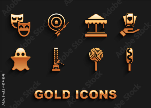 Set High striker attraction with big hammer, Hand holding playing cards, Corn dog, Lollipop, Ghost, Attraction carousel, Comedy theatrical masks and Classic dart board arrow icon. Vector