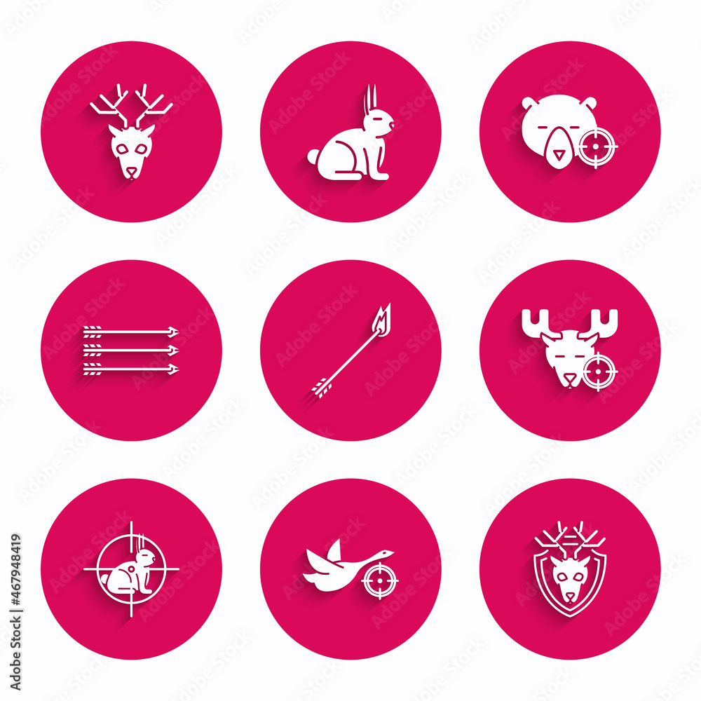 Set Flame arrow, Hunt on duck with crosshairs, Deer head antlers shield, moose, rabbit, Hipster arrows, bear and icon. Vector Set Flame arrow, Hunt on duck with crosshairs, Deer head antlers shield, moose, rabbit, Hipster arrows, bear and icon. Vector