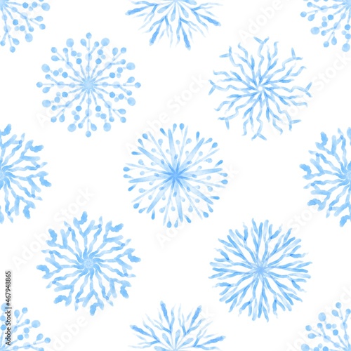Seamless Winter pattern from Snowflakes. Blue Watercolor snow patterns.