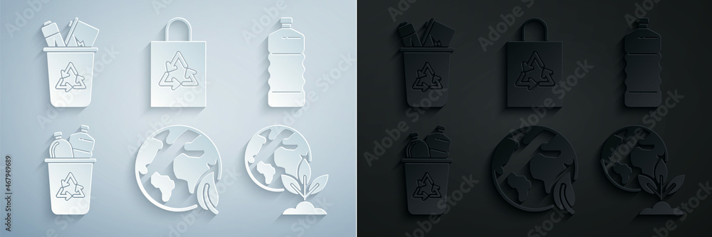 Fototapeta premium Set Earth globe and leaf, Plastic bottle, Recycle bin with recycle symbol, plant, bag and icon. Vector