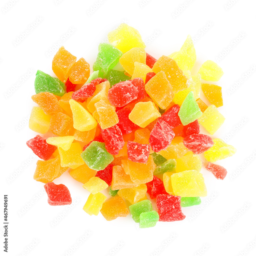 Mix of delicious candied fruits isolated on white, top view Mix of delicious candied fruits isolated on white, top view