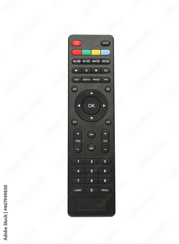 Modern tv remote control isolated on white, top view Modern tv remote control isolated on white, top view