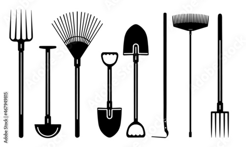 Garden tools set black and white silhouette Vector,