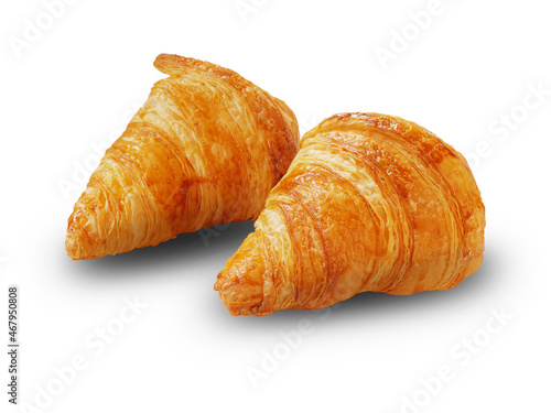 Two yummy croissants for breakfast on the white background
