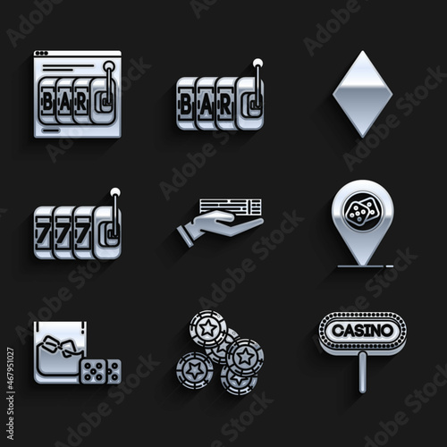 Set Hand holding deck of playing cards, signboard, location, Game dice glass whiskey with ice cubes, Slot machine lucky sevens jackpot, Playing diamonds symbol and Online slot icon. Vector