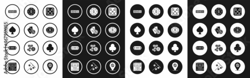 Set Game dice, Playing cards and glass of whiskey with cubes, spades symbol, Deck playing, Casino chip dollar, clubs and Poker table icon. Vector