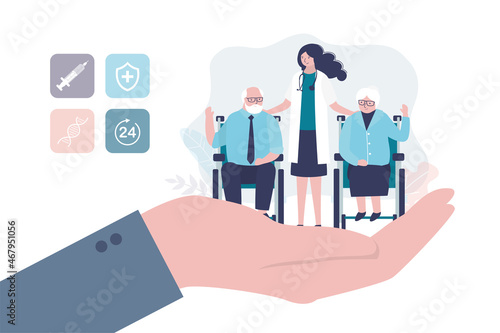 Insurance and healthcare concept background. Big hands of businessman covering tiny old people with care.