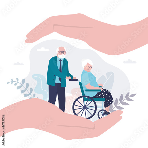 Insurance and healthcare concept background. Big hands of businessman covering tiny old people with care.