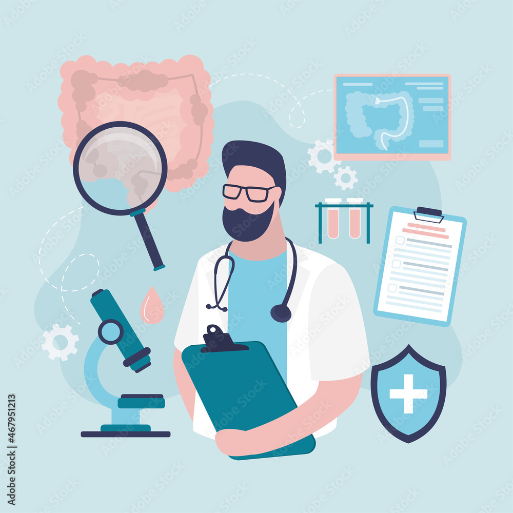 Scientist conducts research in field of rectal treatment. Doctor examines intestine diseases using medical tools Scientist conducts research in field of rectal treatment. Doctor examines intestine diseases using medical tools