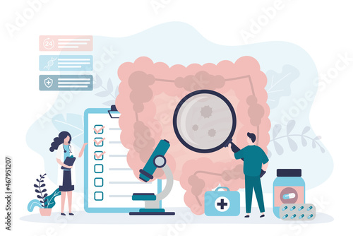 Scientists examining diseased intestine using different medical tools. Doctor with magnifying glass diagnoses internal organ