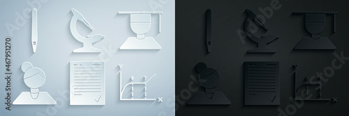 Set Exam sheet with check mark, Graduate and graduation cap, Teacher, Pie chart infographic, Microscope and Pen icon. Vector