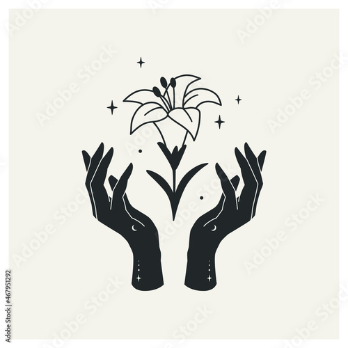 Female magic hands with a lily flower. Power of nature. Feminine principle.