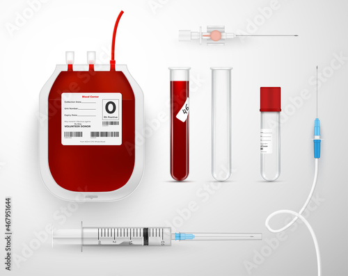 Realistic blood transfusion equipment set vector illustration. Collection lifeblood bag for donation