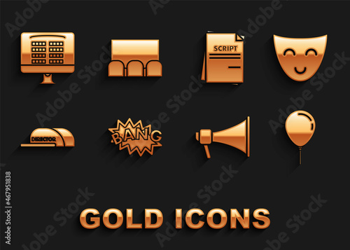Set Bang boom text speech bubble balloon, Comedy theatrical mask, Balloon with ribbon, Megaphone, Cap inscription director, Scenario, Buy cinema ticket online and icon. Vector