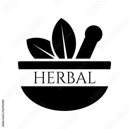 Vector isolated logo with illustration and lettering, mortar with pestle, herbal collection or tea.