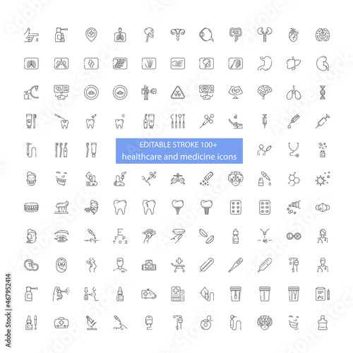 Line icon set with editable stroke not expanded. Healthcare and medicine one hundred plus symbols isolated on transpatent background.