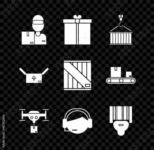 Set Delivery man with cardboard boxes, Gift, Container on crane, drone the package, Support operator touch, Scanner scanning bar code, Cardboard traffic symbol and Wooden icon. Vector