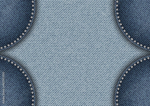 Vector blue denim banner with round elements with silver diamonds along border